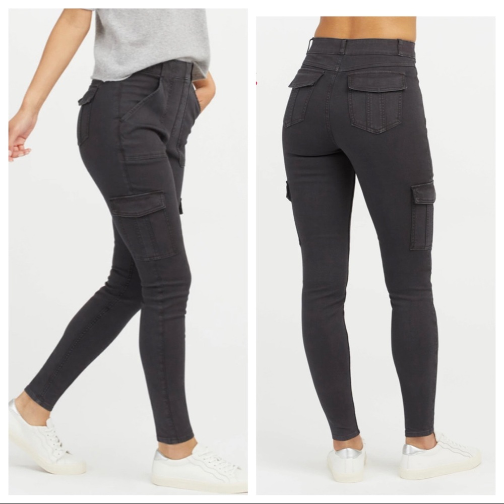 Spanx stretch twill ankle cargo grey black jegging pants